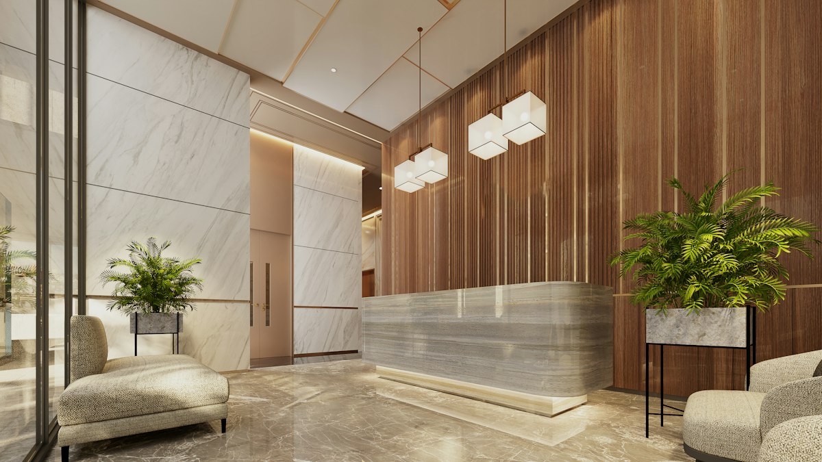 Interior lobby fit-out with pendant lighting